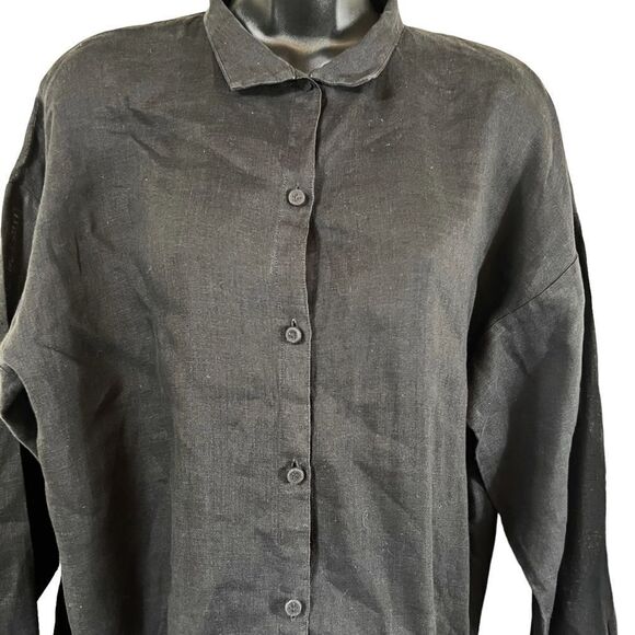 Eileen Fisher Irish Linen Classic Collar Black Button Down Boxy Shirt - Picture 3 of 12